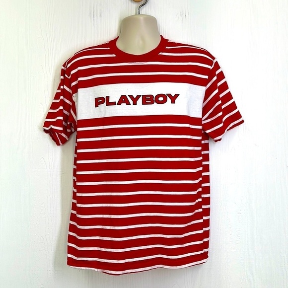 Playboy By PACSUN - Electronic Red & White Stripe Playboy Short Sleeve T Medium - Picture 1 of 12